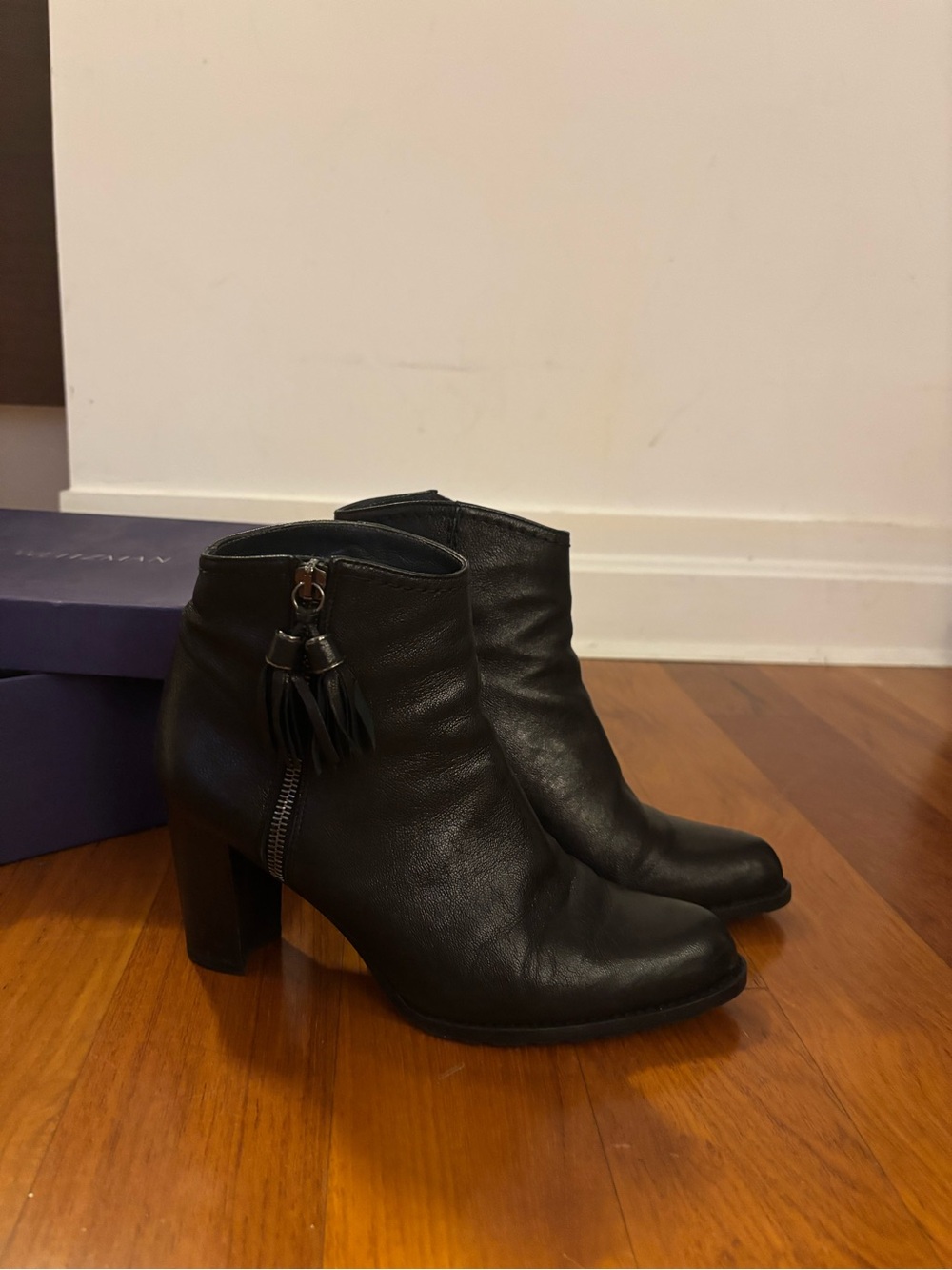Women's Black Leather Tassel Ankle Boots